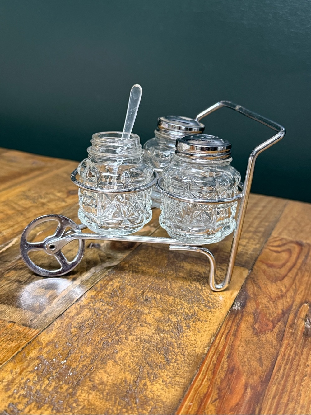 Vintage 1950’s Wheel Barrow Salt, Pepper, and Sugar/Condiment Set with Spoon